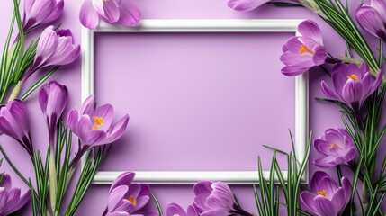 Photo frame with a composition of crocus flowers on a light purple background
