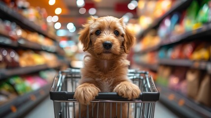 Dog puppy sits in a shopping cart against a blurry mall background