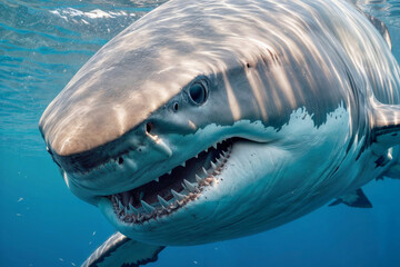 A great white shark with its mouth open, revealing rows of sharp teeth, swims in the clear blue...