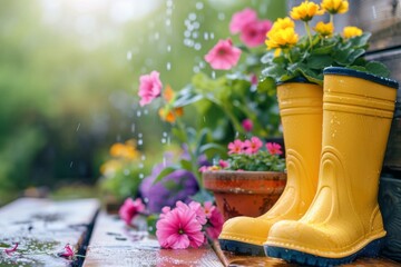 Light background with flower pots, a pair of rubber boots, water sprinkler in a summer garden