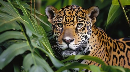   A tight shot of a leopard perched in a tree against a backdrop of out-of-focus green foliage