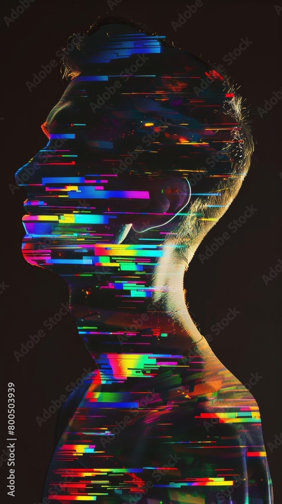 Poster silhouette of a person with colorful digital glitches