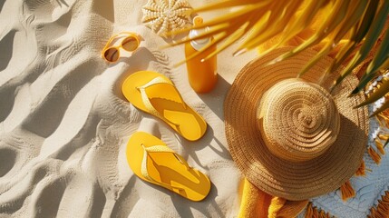 Straw Hat and Sandals on Beach