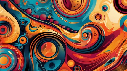 Fototapeta premium Vibrant Liquid Swirls: Abstract colorful background with circles, pattern, texture, and seamless design, resembling flowing water, paint, and fire in shades of blue, orange, and gold