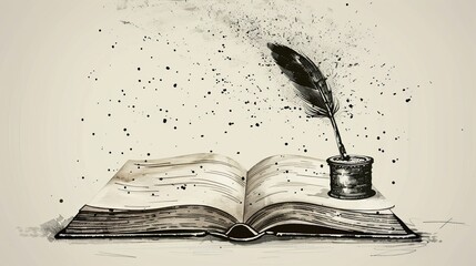 Vector illustration showcasing an open book accompanied by an ink feather tool.