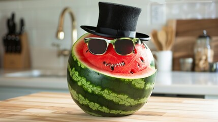 Suave Watermelon with Sunglasses and Top Hat, Space for Text Provided