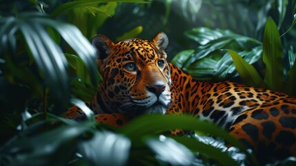  A jaguar in a forest, surrounded by greenery Green plants flank its face in this close-up view