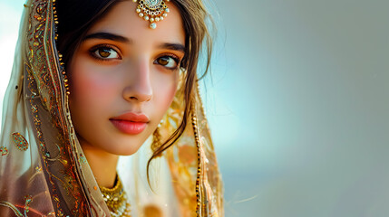 Portrait of Pakistani beautiful woman on white background.