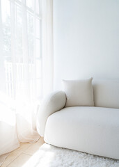 Clean and minimal interior design in a photo studio with natural light with light leaks and shadows 