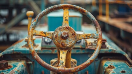   A tight shot of an old, rusted vehicle's steering wheel, displaying rust not only on the rim but also parts thereof