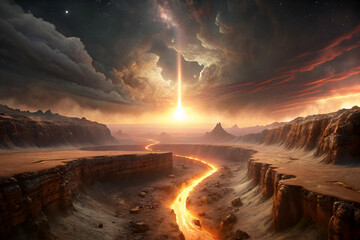Fototapeta premium Edge of Colossal Crater with Pathway Leading to Unknown Shimmering Light Source