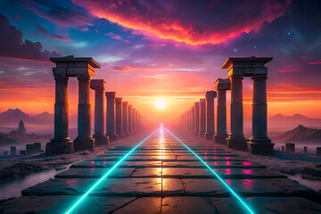 Fototapeta premium Leading Lines from Ancient Ruins with Futuristic Technology Under Sunset of Impossible Colors