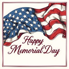 "Happy Memorial Day" written in a dignified serif font, with the American flag subtly incorporated into the design, against a backdrop of pure white, reflecting the solemnity of the occasion.