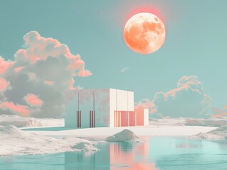 High-quality vaporwave image with a minimalistic building in a white desert, sun overhead, lake in the foreground, and dreamy clouds above