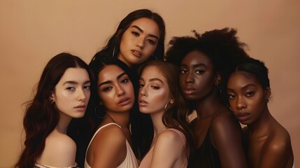 Obraz premium Beauty. Group Of Diversity Models Portrait. Multi-Ethnic Women With Different Skin Types Posing On Beige Background. Tender Multicultural Girls Standing Together And Looking At Camera.