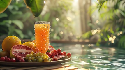 A still life of a glass of orange juice and a plate of fruit on a wooden table near the pool. - Powered by Adobe