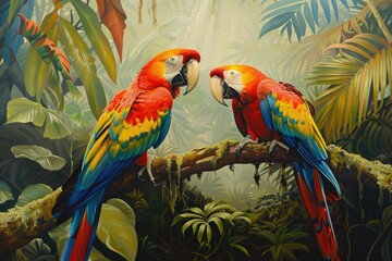 Two scarlet macaws perched on a branch in a lush rainforest, showcasing vibrant plumage