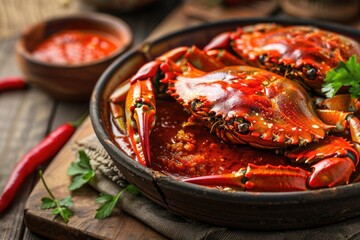 Singapore Chili Crab on a rustic wooden surface, showcasing spicy crab claws in vibrant chili sauce