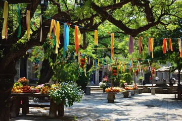 Obraz premium May Day celebration in a village square with colorful streamers and a festive maypole setup