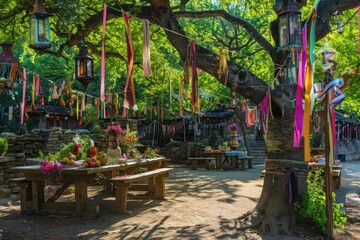 Naklejka premium May Day celebration in a village square with colorful streamers and a festive maypole setup