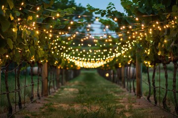 Wine Harvest Festival in a sun-drenched vineyard with grapevines, twinkling lights, and aged barrels