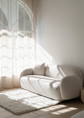 Clean and minimal interior design in a photo studio with natural light with light leaks and shadows 