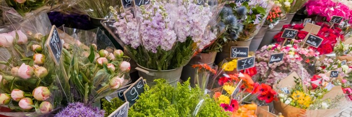 Assorted fresh flowers on display with price tags at a market stall, ideal for Valentine's Day,...