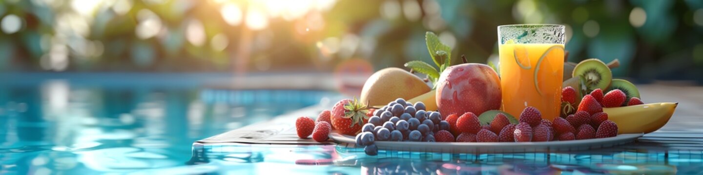A beautiful still life of a plate of fruit and a glass of juice on the edge of a swimming pool with a blurred background of palm trees.