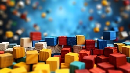 Obraz premium Creative Arrangement of Colorful Wooden Blocks on a Wide Background for Design Concepts. Concept Product Design, Colorful Props, Wooden Blocks, Creative Arrangement, Background Concepts