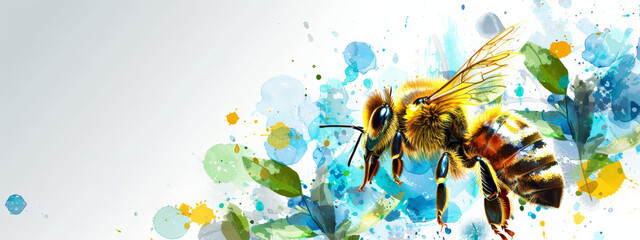 Artistic representation of a bee with splashes of watercolor, blending natural and creative elements.