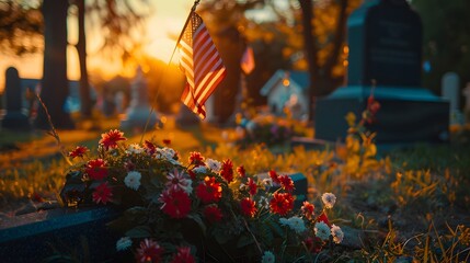 poignant tribute to an American hero as the flag waves proudly above a grave adorned with a bouquet of flowers, each petal a symbol of gratitude and remembrance. 