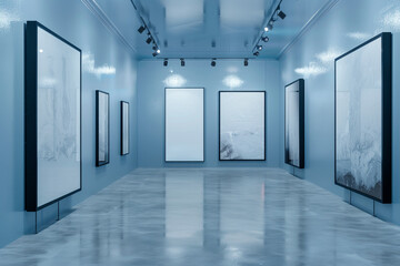 A museum space with icy blue walls and a series of large, glossy black frame mockups. Soft, diffused spotlight lamps provide a cool, even light 