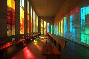 Stained glass lighting casting colorful shadows in a minimalist chapel