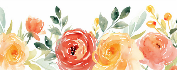Isolated Floral border. Watercolor illustration of vibrant roses in orange and red, perfect for artistic backgrounds, wedding invitations, Mother's day greeting cards, and spring or summer designs