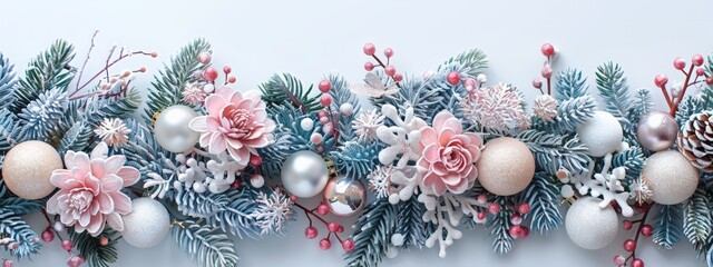 Obraz premium Decorative Christmas arrangement with frosted pine cones, pastel pink and blue ornaments, and a small white owl