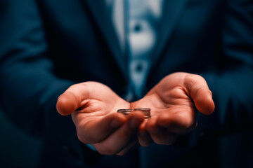 A man's hand in a suit shows a figure, an element on a gray background. Request, bankruptcy concept, close-up