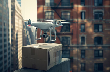 Fototapeta premium Delivery drone, Autonomous delivery robot, Business air transportation concept,New drone with package box, delivery service modern electronic device