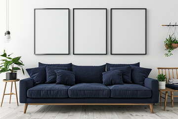 Fototapeta premium A modern Scandinavian living room with a navy blue sofa, against a crisp white wall. Above the sofa, three empty