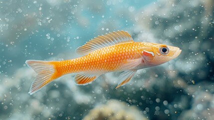   A goldfish in an aquarium, closely framed, with water droplets beading on its bottom half