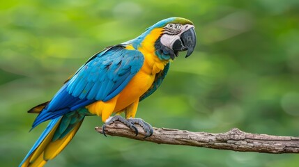   A blue-and-yellow parrot perches atop a tree branch against a forest backdrop filled with emerald leaves