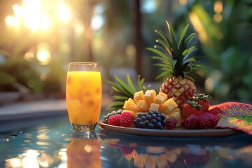 A beautiful still life of a glass of orange juice and a plate of fruit on a table near a swimming...