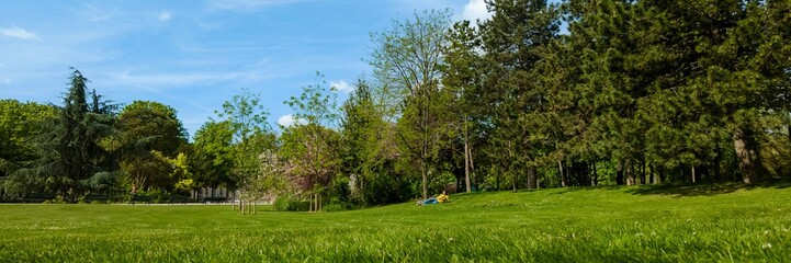 Tranquil city park in spring with lush green grass and trees, and a person relaxing on the slope,...