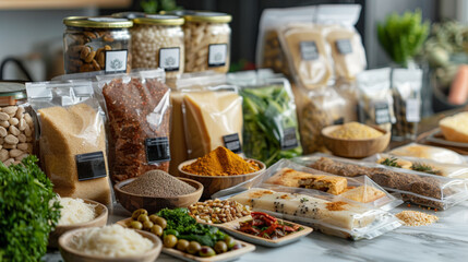 A variety of bulk foods and spices beautifully displayed on a table, highlighting a sustainable...