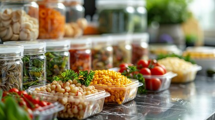 A vibrant display of freshly packed foods including grains, vegetables, and herbs, presented on a kitchen counter.