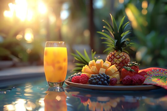 A beautiful still life of a glass of orange juice and a plate of fruit on a table near a swimming pool.