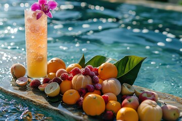A wooden table floating on water is laden with all sorts of fruit