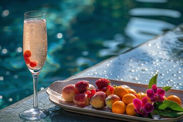 A beautiful composition of fruits and a drink by the pool.
