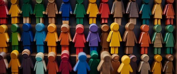 Obraz premium Colorful wooden towns represent values of diversity and inclusion, teamwork, and entrepreneurs of different races. Generative AI