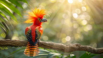   A vibrant bird perches on a tree branch, its head adorned with a bold red and yellow feather