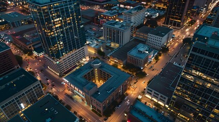 Aerial view of office buildings and traffic in downtown at night 